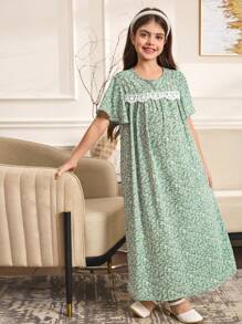 SHEIN Tween Girls' Loose & Cute Ditsy Floral Round Neck Pullover Loungewear - Mint Green - View 4