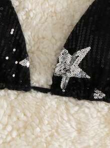 SHEIN Swim Contrast Color Star Sequin Halter Bikini Top, Sexy Micro Triangle