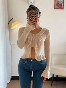 Chiquease New Autumn/Spring Ruffle Trim Single-Breasted Flared Sleeve Fitted Women Cardigan, Sexy European American Style - Khaki - View 3