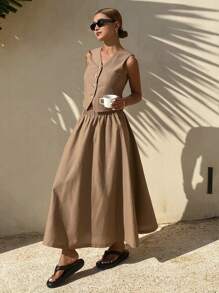 DAZY 女士休闲纯色V领背心和裙子两件套亚麻套装