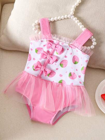 Newborn Strawberry Print Princess Style One-Piece Swimsuit, Pink
