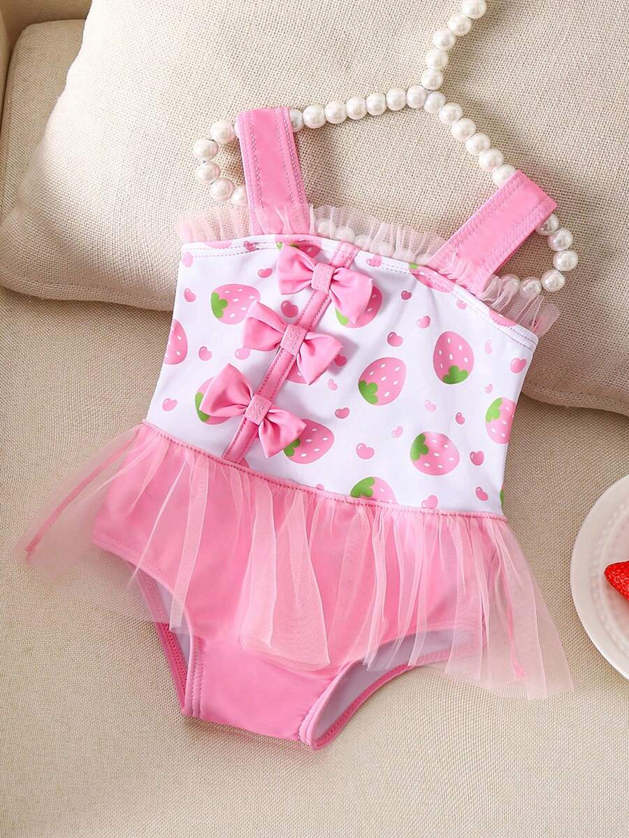 Newborn Strawberry Print Princess Style One-Piece Swimsuit, Pink - Baby Pink - View 1