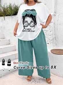 SHEIN CURVE+ 2 pezzi/set di completo maglietta a maniche corte e pantaloni per taglie forti, stile minimalista, moda casual per uso quotidiano