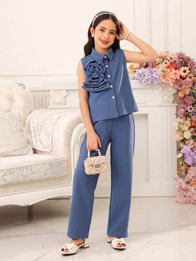 Tween 女孩 2 件套优雅纯色 3D 花卉装饰无袖上衣和裤子