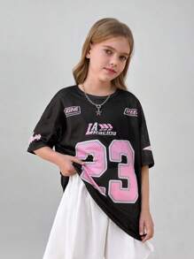 SHEIN Tween Girl Knit Mesh Numeric & English Letter Print Loose Dropped Shoulder Pullover T-Shirt, Suitable For Back To School, Sports Event, Fashion Streetwear