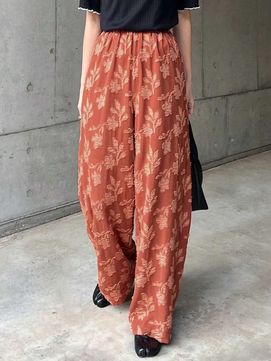 FRIFUL Women High Waist Long Pants Floral Print Vacation Style Trousers, Summer - Orange - View 1
