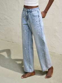 Maija Pantalones vaqueros de mujer de tiro bajo y pierna recta con lentejuelas brillantes para primavera y verano