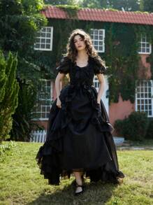 SHEIN MOD 黑色欧根纱梦幻浪漫泡泡公主裙配大蝴蝶装饰，适合约会、正式宫廷、情人节、舞会