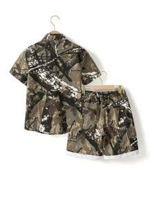 2pcs Tween Boys Casual Branch Camouflage Print Denim Short Sleeve Shirt & Elastic Waist Cargo Shorts Set - Army Green - View 2