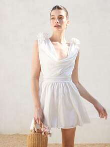 Aveloria Rosie Women's Solid Color Sleeveless Wrap Front Satin Texture Decorated Romper Elegant FashionableOld Money Style For Summer - White - View 6