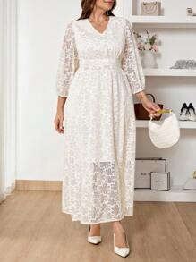 SHEIN Frenchy Vestido casual de mujer talla grande con cintura definida en jacquard color albaricoque, vestido formal de moda estilo boho/bohemio con malla, vestido de graduación floral, vestido modesto de primavera elegante para mujer, vestido largo para playa, atuendo para concierto de mujer - Albaricoque - Ver 2