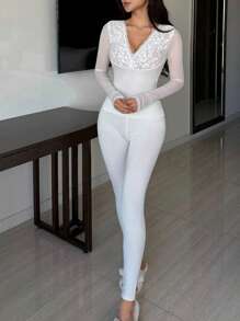 DAZY Lace Contrast Mesh Bodycon Pajama Set