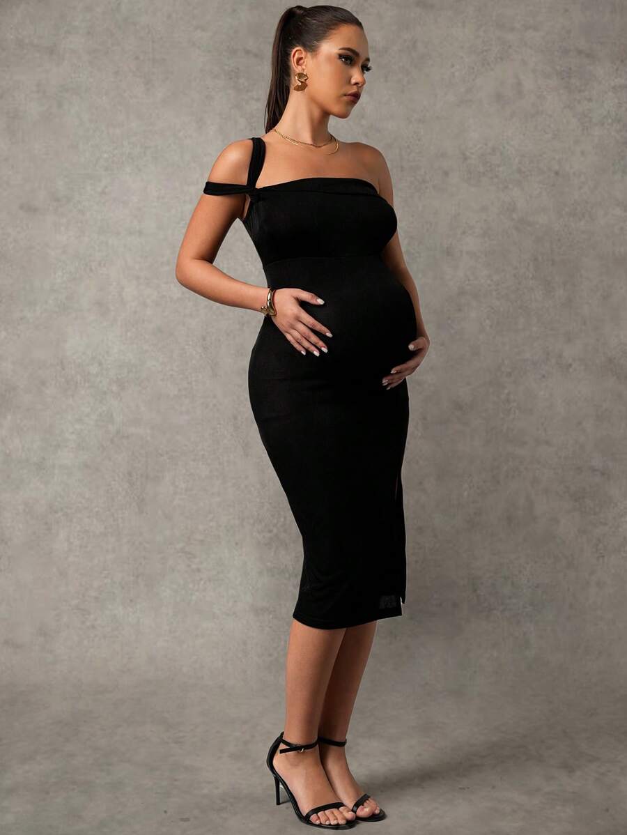 MaterniChic Solid Color Fitted Slit Shoulder Maternity Dress - Black - View 1