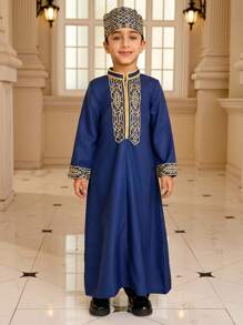 Young Boy Geometric Print Patchwork Ribbon Collar Long Sleeve Long Shirt - Royal Blue - View 1