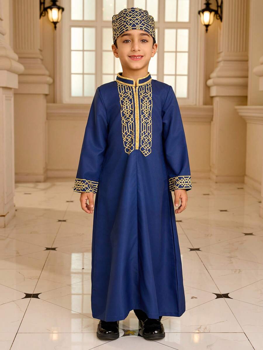 Young Boy Geometric Print Patchwork Ribbon Collar Long Sleeve Long Shirt - Royal Blue - View 1