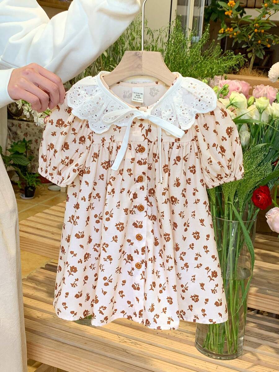 LMoss Kids LMoss Baby Girl Woven Ditsy Floral Puff Sleeve Snug Fit Dress With Lace Shawl