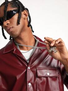 AXEPEAK Men's Pattern Loose Short Sleeve Shirt And Pants Set - Burgundy - View 3