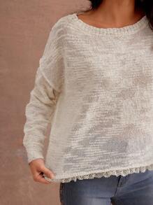 WESTFADE 宽松透视竹节针织蕾丝下摆牛仔毛衣 - 白色 - 查看 5
