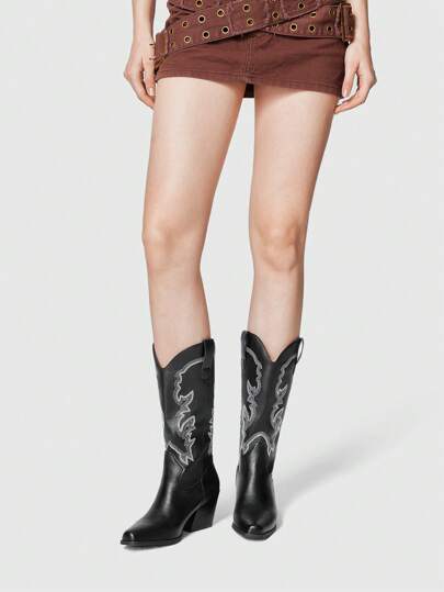 Fairycore Women's Pointed Toe Chunky Heel Sequin Embroidered Western Cowgirl Boots, PU Leather Mid-Calf Spring/Autumn Fashion Slip-On Style