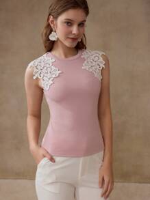 MOTF PREMIUM TOP DE TIRANTES DE ENCAJE GUIPUR CON CONTRASTE - Rosa - Ver 3