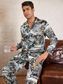 Manfinity ChillVibe Men's Floral All-Over Print Long Sleeve Shirt And Pants Pajama Set - Multicolor - View 3