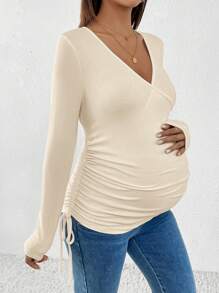 SHEIN Maternity Ribbed Knit Slim Fit V-Neck Long Sleeve T-Shirt With Ruched Side Tie, Beige - Apricot - View 4