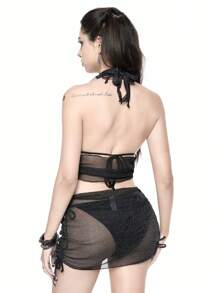 ROMWE Bộ bikini hở lưng trơn phong cách phù thủy Goth kèm áo lưới lấp lánh và chân váy, kỳ nghỉ hè trên bãi biển, Halloween - màu đen - Xem 3