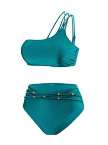 Women Shiny Fabric Bikini Swimwear Set, Elegant One Shoulder High Waist Braided & Beaded Embellished Casual Beach Holiday Swimwear For Summer Beach Vacation - Dark Green - View 4