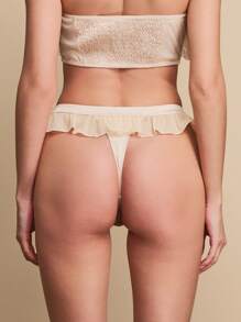 TryMe Women's Satin Mid Rise Thong With Dot Mesh Ruffle Trim - Baby Pink - View 2