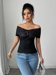 Elenzga 女士时尚通勤亮片装饰露肩 T 恤