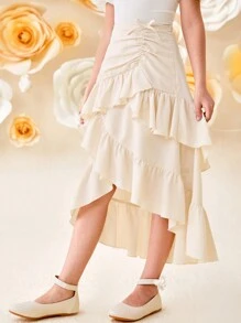 SHEIN Girlism Tween Girls' Casual Loose Layered Ruffled Uneven Hem Mid-Length Skirt - Apricot - View 2