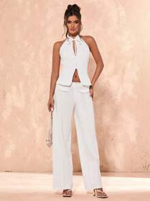 SHEIN BAE Women's Solid Color Front Tie Sleeveless Minimalist Blazer Top, Casual Vacation Wear - White - View 4