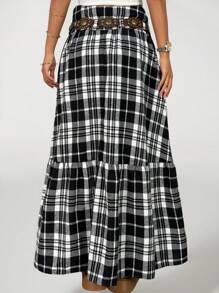 SHEIN Tween Girls Spring/Summer Plaid Print High Slit Ruffle Hem Skirt - Black - View 2
