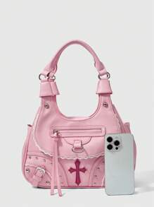 ROMWE Grunge Punk 1pc Punk Gothic Style Cross Pattern Shoulder Bag & Handbag For Women - Pink - View 2