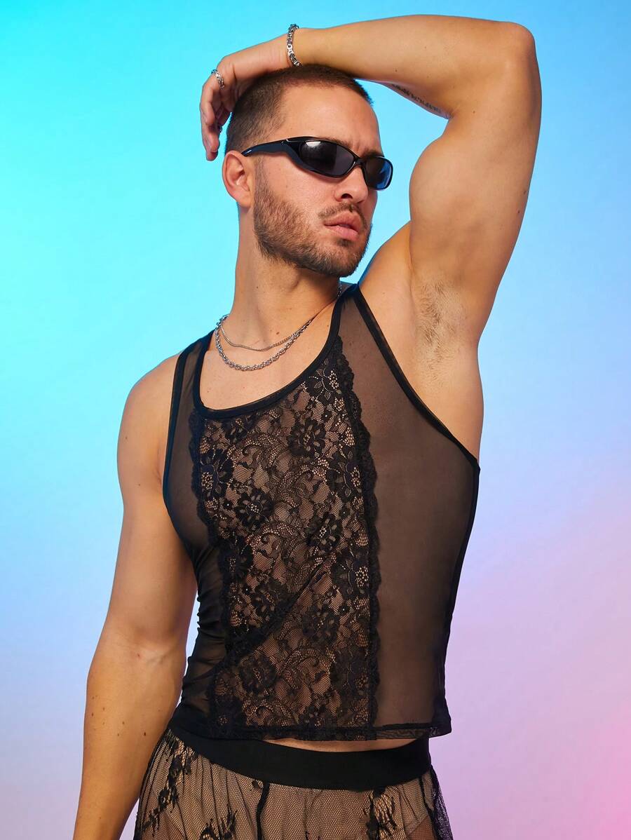 FeverCity Men's Fashion Sexy Lace Contrast Mesh Sleeveless Tank Top - Black - View 1