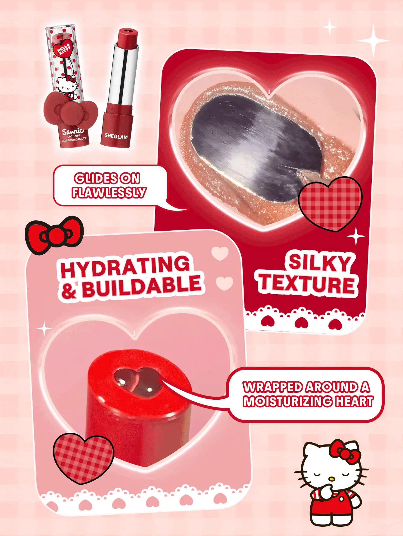 Hello Kitty｜SHEGLAM Be My Baby Hydrating Lipstick-Love Letter Lip Combo Brand Beauty Makeup Face Paint Cosmetic For Women Girls Perfect For Winter Spring Ideal For Y2K Fancy Fashion Suitable For Birthday Gift Party Ready Best Color - Love Letter - View 3