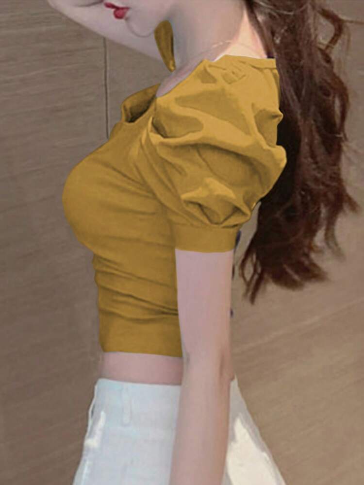 Women's Solid Color Puff Sleeve Short Square Collar Blouse Summer