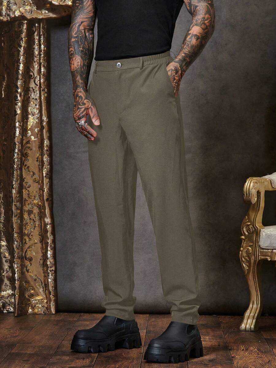 Manfinity VCAY Men's Woven Casual Solid Color Tapered Pants - Army Green - View 1