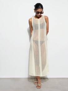 Maija Váy len đan móc không tay cổ tròn màu mơ, thoải mái, đa năng, thường ngày, mặc đi biển, lễ hội, phong cách phương Tây, dành cho nữ, lễ hội - Màu be - Xem 2