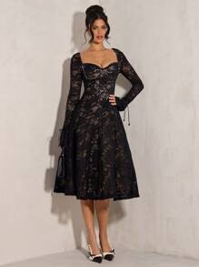 SHEIN BAE Kỳ nghỉ hè đầu xuân đen gợi cảm đơn giản thanh lịch dài tay tutu corset ren váy đơn giản cho nữ, váy ngày lễ tình nhân, váy dự tiệc, váy hẹn hò lãng mạn, váy phù dâu cưới, váy dạ hội, váy đi làm hàng ngày, váy sinh nhật, váy ngày lễ - màu đen - Xem 7