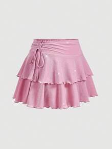 SHEIN MOD Falda de talle bajo con volantes y destellos en color rosa para mujeres de talla grande