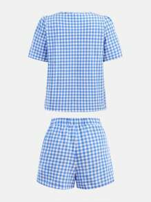 Girlism Camicia a quadri blu con fiocco per ragazze adolescenti, completo casual da vacanza con camicia a quadri e pantaloncini