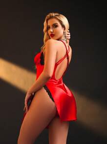 深 V 领、交叉胸围、高侧开衩、蕾丝拼布、缎面、撞色、露背性感女式睡衣 - 紅色 - 查看 2