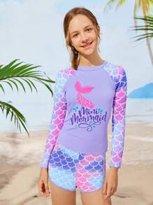 Tween Girl Vacation Beach Fish Scale Print Swimwear Set - Multicolor - View 3