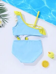 SHEIN Baby Girl  Cute  Duck Print Bow Decor Ruffled Trim Swimsuit,Hollow-Out Waist And  Adjustable Straps For Beach Vacation In Summer