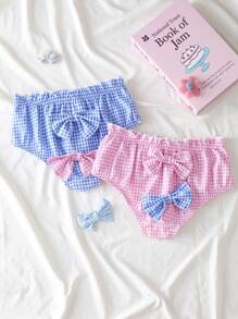 Set de 2 bragas con acento de lazo a cuadros dulces y lindas para niñas, ropa interior juvenil