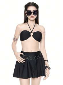 ROMWE Gothic Metal Ring Decor Crop Top Bikini Set And Mini Skirt, For Summer Beach Vacation, Halloween - Black - View 1