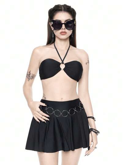 ROMWE Goth Conjunto de bikini con top corto y minifalda con decoración de anillo de metal gótico, para verano, vacaciones en la playa, Halloween