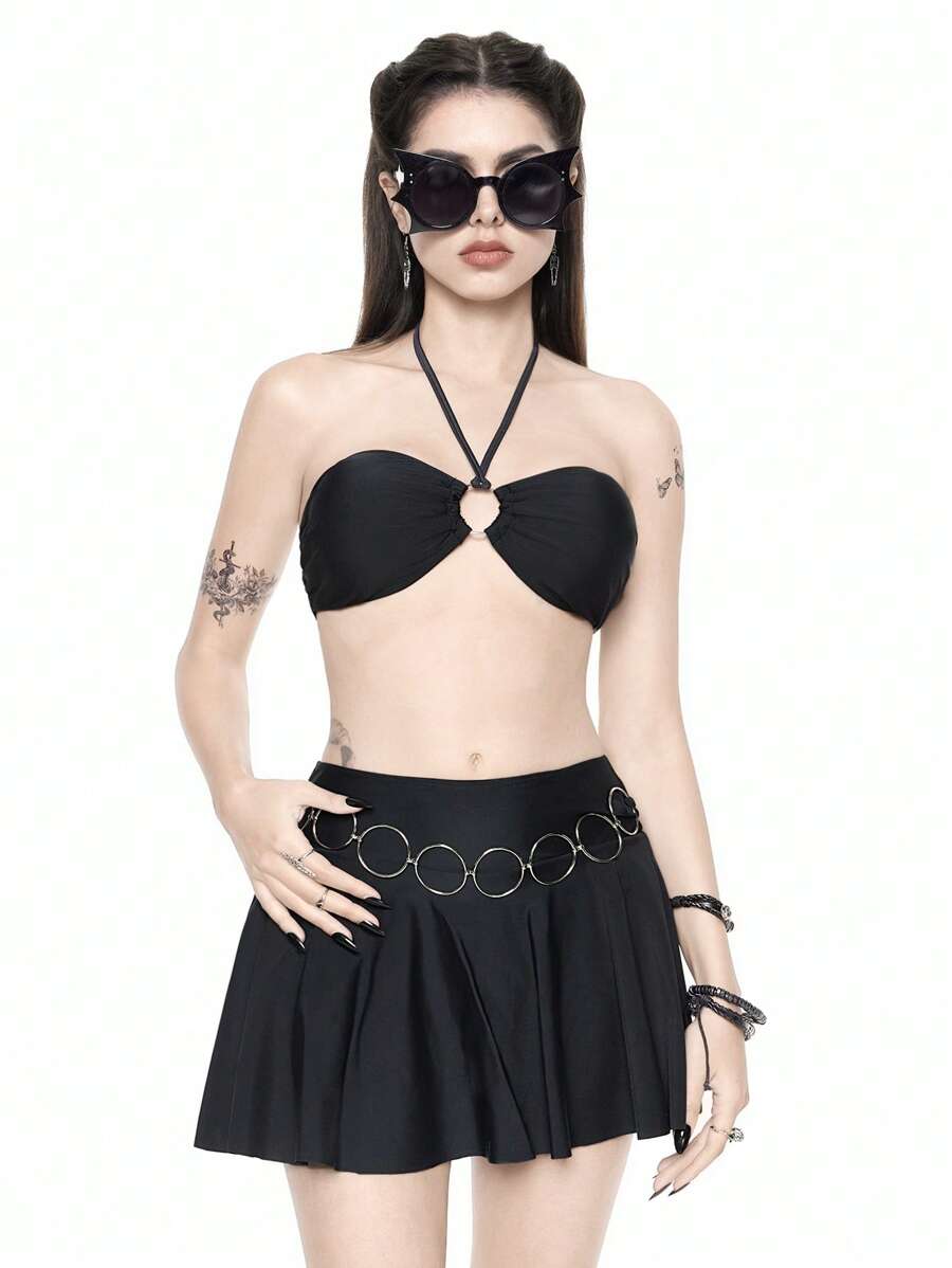 ROMWE Gothic Metal Ring Decor Crop Top Bikini Set And Mini Skirt, For Summer Beach Vacation, Halloween - Black - View 1