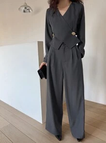 DAZY 2 件套精致时尚套装，包括收腰上衣和阔腿裤，优雅女装 - 灰色 - 查看 8